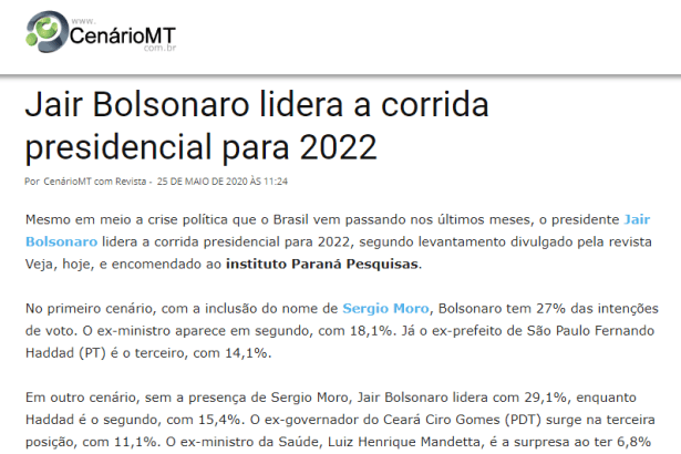 Portal Cenário MT divulga pesquisa realizado pela Paraná Pesquisas