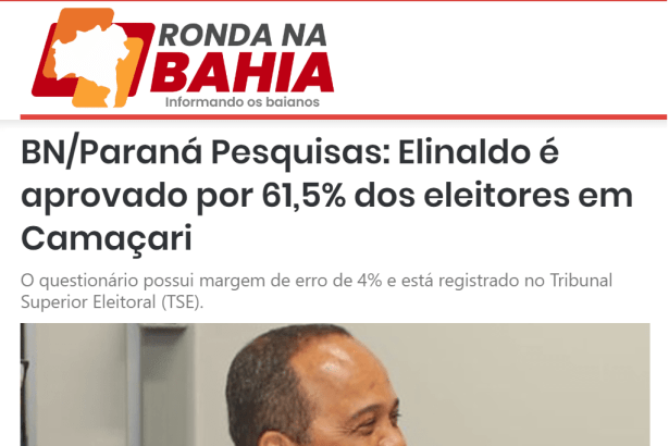 Ronda na Bahia divulga pesquisa realizado pela Paraná Pesquisas