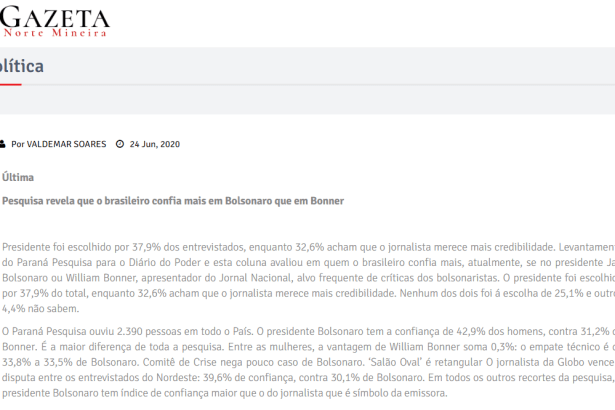 Gazeta Norte Mineira divulga pesquisa realizado pela Paraná Pesquisas