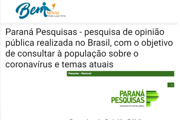 Portal Bem Minas divulga pesquisa realizado pela Paraná Pesquisas