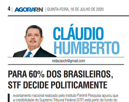 Jornal Agora RN - Cláudio Humberto divulga pesquisa realizado pela Paraná Pesquisas