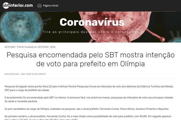 SBT Interior.com divulga pesquisa realizado pela Paraná Pesquisas no Município de Olímpia