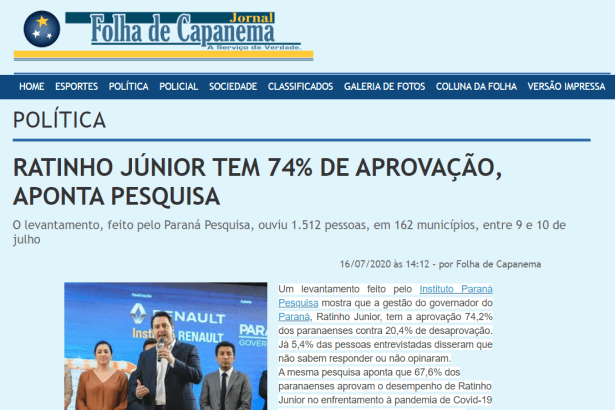 Jornal Folha de Capanema divulga pesquisa realizado pela Paraná Pesquisas