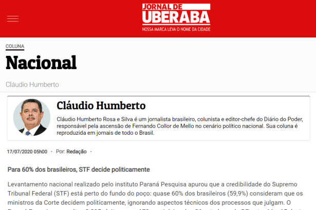 Jornal de Uberaba - Cláudio Humberto divulga pesquisa realizado pela Paraná Pesquisas