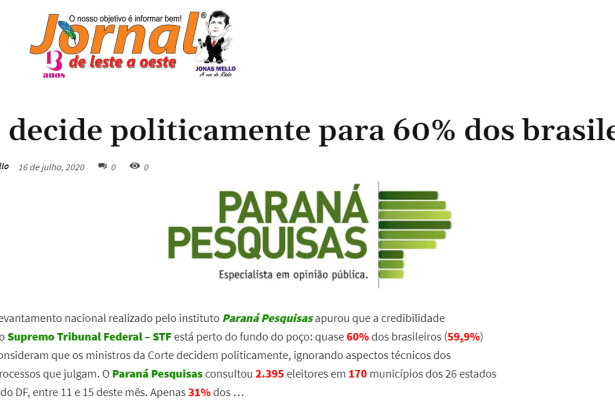 Jornal de Leste a Oeste divulga pesquisa realizado pela Paraná Pesquisas