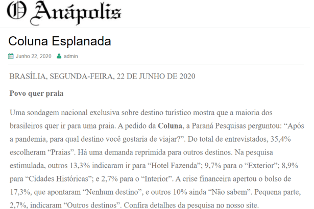 O Anápolis - Coluna Esplanada divulga pesquisa realizado pela Paraná Pesquisas