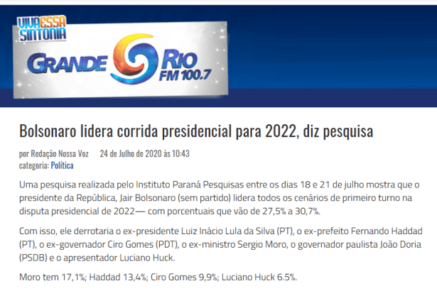 Grande Rio FM divulga pesquisa nacional realizado pela Paraná Pesquisas
