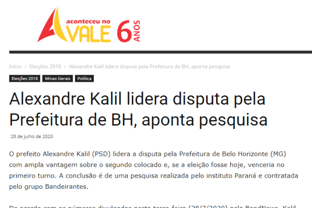 Aconteceu no Vale divulga pesquisa realizado pela Paraná Pesquisas