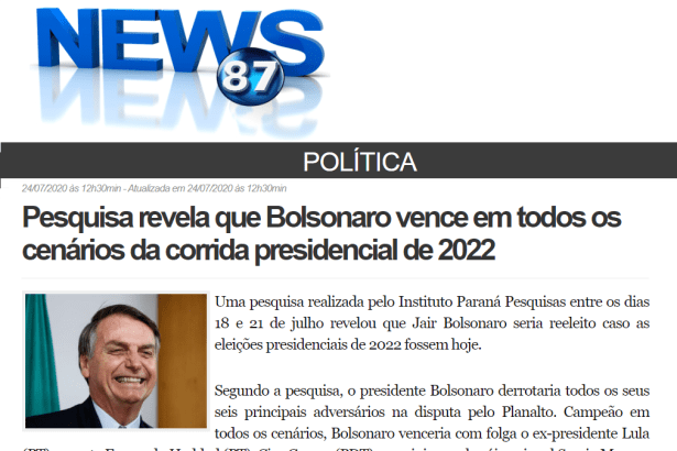 Portal 87 News divulga pesquisa realizado pela Paraná Pesquisas