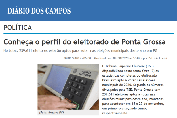 Diário dos Campos cita o Instituto Paraná Pesquisas em matéria