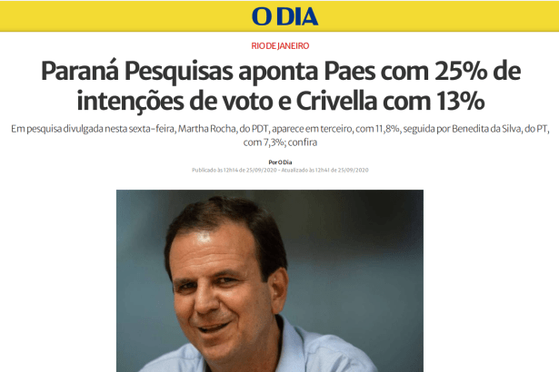 O Dia divulga pesquisa realizado pela Paraná Pesquisas