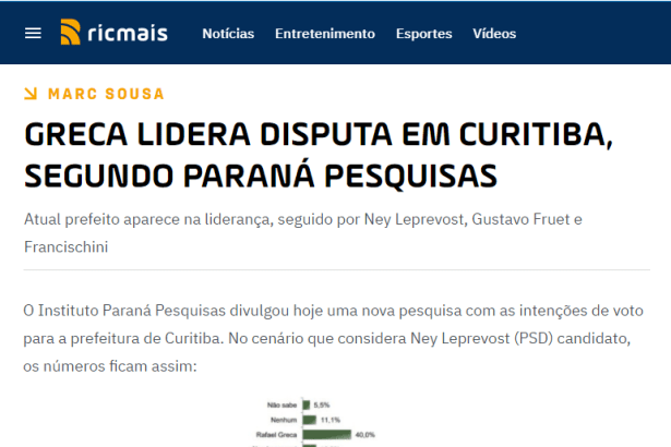 Portal Ric Mais divulga pesquisa realizado pela Paraná Pesquisas