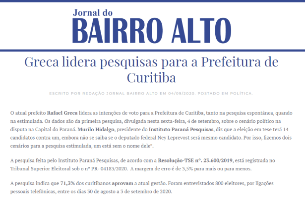 Jornal do Bairro Alto divulga pesquisa realizado pela Paraná Pesquisas