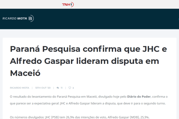 TNH1 - Ricardo Mota divulga pesquisa realizado pela Paraná Pesquisas