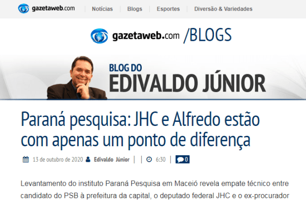 Gazeta Web - Blog Edivaldo Junior divulga pesquisa realizado pela Paraná Pesquisas