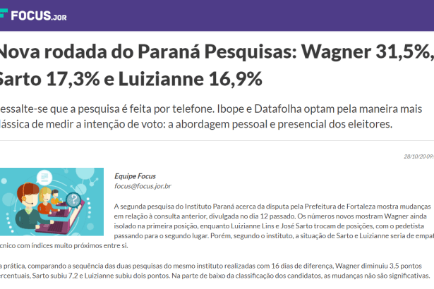 Portal Focus.jor divulga pesquisa realizado pela Paraná Pesquisas