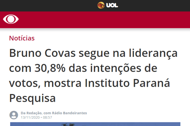 Band UOL - Notícias divulga pesquisa realizado pela Paraná Pesquisas