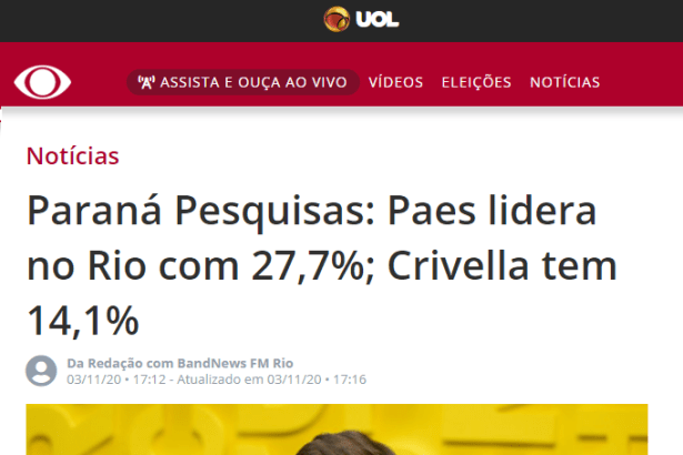 Band Notícias - UOL divulga pesquisa realizado pela Paraná Pesquisas
