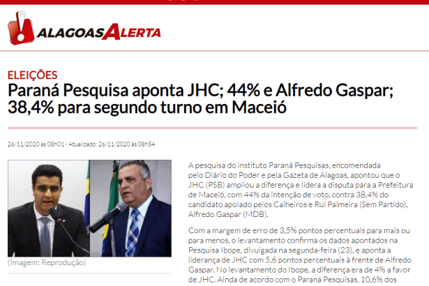 Alagoas Alerta divulga pesquisa realizado pela Paraná Pesquisas