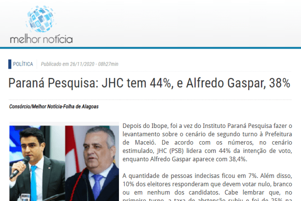 Portal Melhor Notícia divulga pesquisa realizado pela Paraná Pesquisas