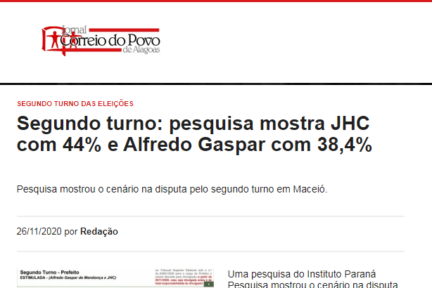 Jornal Correio do Povo de Alagoas divulga pesquisa realizado pela Paraná Pesquisas