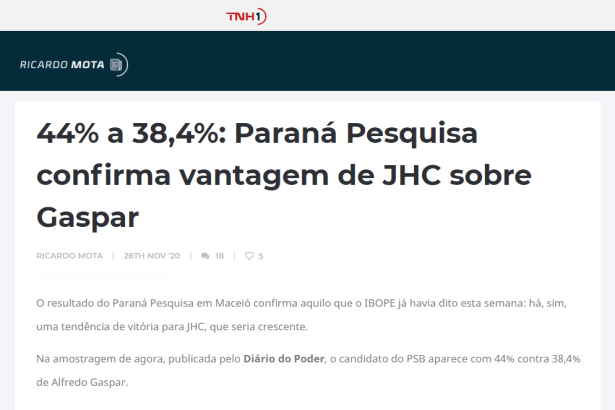 TNH 1 - Blog Ricardo Mota divulga pesquisa realizado pela Paraná Pesquisas