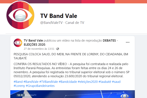 TV Band Vale divulga pesquisa realizado pela Paraná Pesquisas