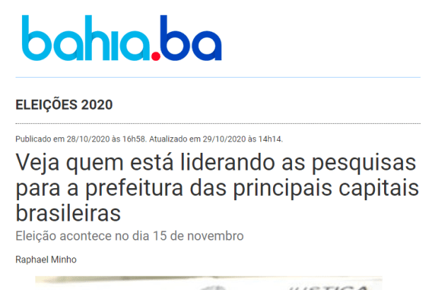 Bahia.BA - Eleições 2020 divulga pesquisa realizado pela Paraná Pesquisas