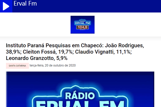 Rádio Erval FM divulga pesquisa realizado pela Paraná Pesquisas