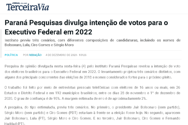 Jornal Terceira Via divulga pesquisa nacional realizada pela Paraná Pesquisas