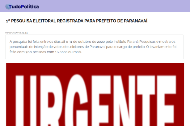 Tudo Política divulga pesquisa realizado pela Paraná Pesquisas
