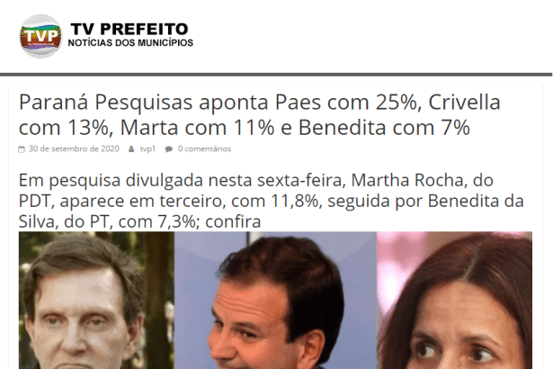 TV Prefeito divulga pesquisa realizado pela Paraná Pesquisas