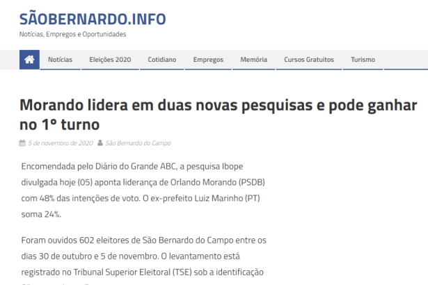 São Bernardo do Campo.info divulga pesquisa realizado pela Paraná Pesquisas