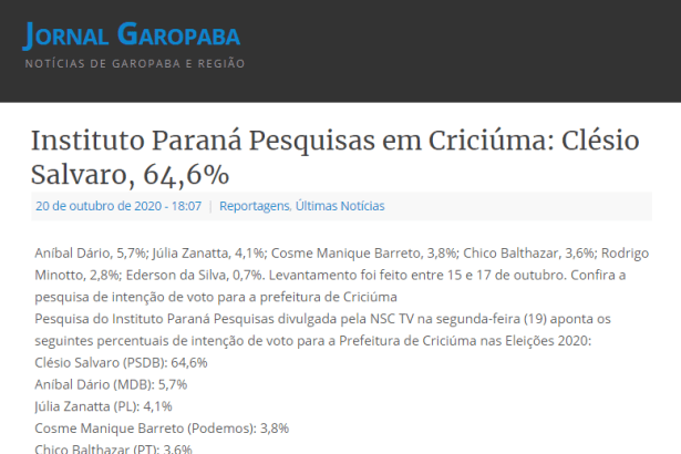 Jornal Garopaba divulga pesquisa realizado pela Paraná Pesquisas