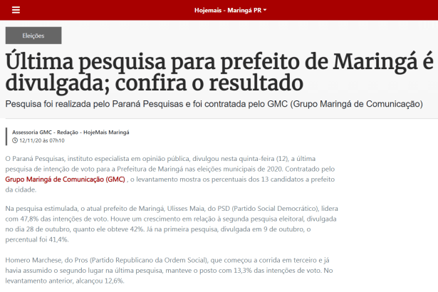 Hoje Mais - Maringá divulga pesquisa realizado pela Paraná Pesquisas