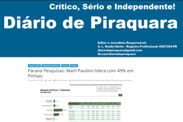Diário de Piraquara divulga pesquisa realizado pela Paraná Pesquisas