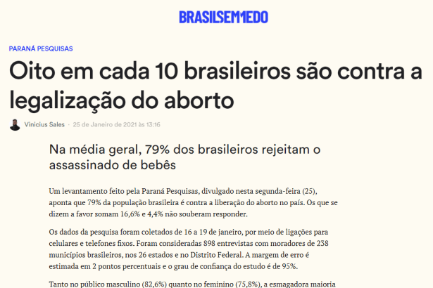 Brasil Sem Medo divulga pesquisa nacional realizado pela Paraná Pesquisas