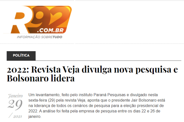 Portal R92.com.br divulga pesquisa nacional realizado pela Paraná Pesquisas