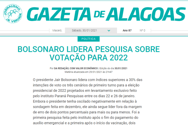 Gazeta de Alagoas divulga pesquisa nacional realizado pela Paraná Pesquisas