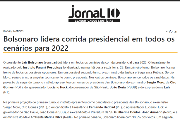 Jornal 10 divulga pesquisa nacional realizado pela Paraná Pesquisas
