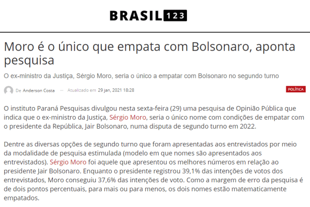 Brasil 123 divulga pesquisa nacional realizado pela Paraná Pesquisas