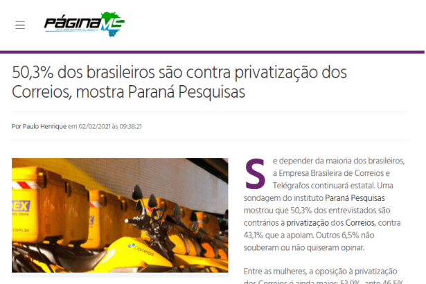 Página MS divulga pesquisa nacional realizado pela Paraná Pesquisas