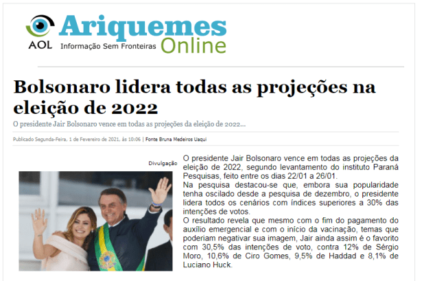 Ariquemes Online divulga pesquisa nacional realizado pela Paraná Pesquisas