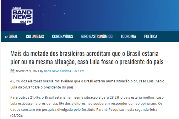 Rádio Band News FM divulga pesquisa nacional realizado pela Paraná Pesquisas