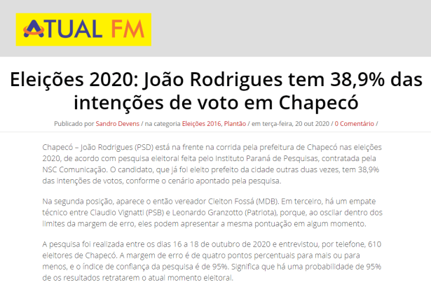 Atual FM divulga pesquisa realizado pela Paraná Pesquisas