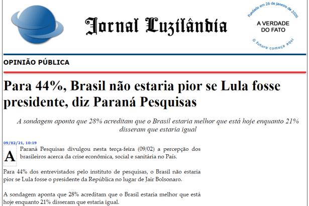 Jornal Luzilândia divulga pesquisa realizado pela Paraná Pesquisas