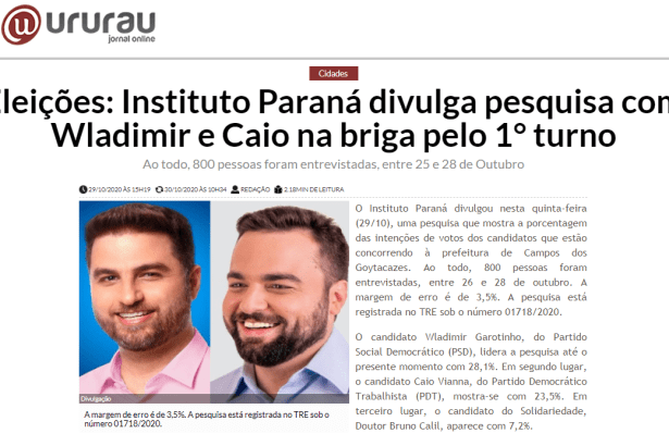 Ururau Jornal Online divulga pesquisa realizado pela Paraná Pesquisas