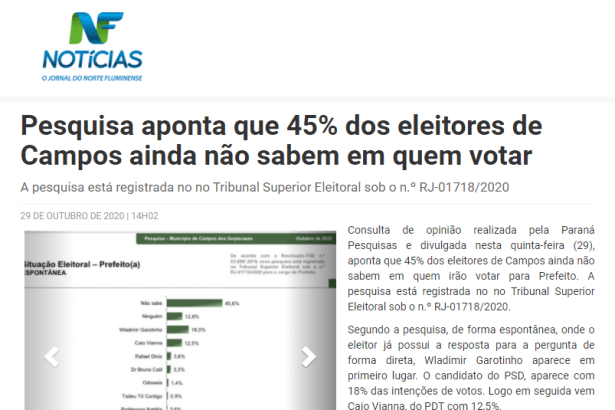 NF Notícias divulga pesquisa realizado pela Paraná Pesquisas