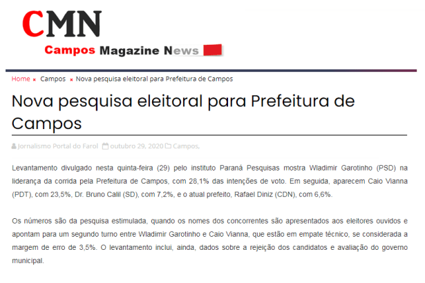 Campos Magazine News divulga pesquisa realizado pela Paraná Pesquisas