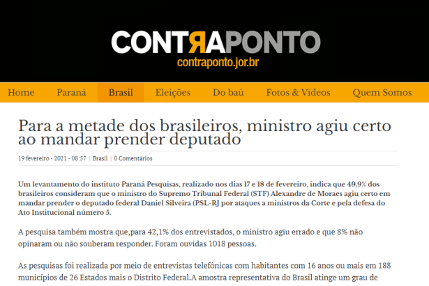 Contra Ponto divulga pesquisa nacional realizado pela Paraná Pesquisas